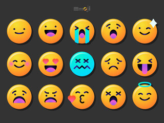 Round emoticons set. Yellow Emoji faces emoticon smile, digital smiley expression emotion feelings, chat cartoon emotes. Vector illustration icons