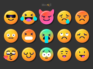 Round emoticons set. Yellow Emoji faces emoticon smile, digital smiley expression emotion feelings, chat cartoon emotes. Vector illustration icons