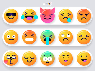 Round emoticons set. Yellow Emoji faces emoticon smile, digital smiley expression emotion feelings, chat cartoon emotes. Vector illustration icons