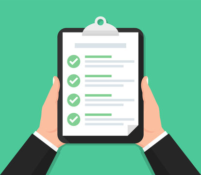 Hand holding clipboard with checklist in a flat design. Vector illustration