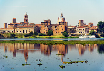 Mantua, Lombardy, Italy. SW across Lago di Mezzo to Saint Georges Castle, Castello di San Giorgio, and the mediaeval town centre