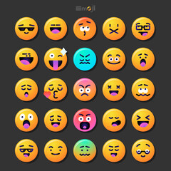 Round emoticons set. Yellow Emoji faces emoticon smile, digital smiley expression emotion feelings, chat cartoon emotes. Vector illustration icons