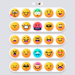 Round emoticons set. Yellow Emoji faces emoticon smile, digital smiley expression emotion feelings, chat cartoon emotes. Vector illustration icons