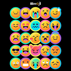 Round emoticons set. Yellow Emoji faces emoticon smile, digital smiley expression emotion feelings, chat cartoon emotes. Vector illustration icons