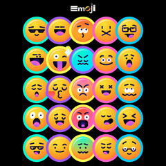 Round emoticons set. Yellow Emoji faces emoticon smile, digital smiley expression emotion feelings, chat cartoon emotes. Vector illustration icons