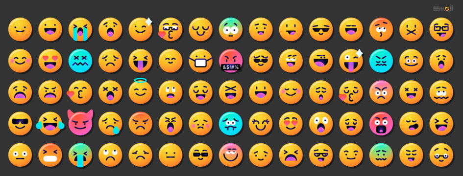 Round emoticons set. Yellow Emoji faces emoticon smile, digital smiley expression emotion feelings, chat cartoon emotes. Vector illustration icons