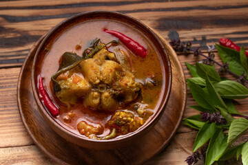 Catfish Curry. Thai food on dark background. Traditional food concept. Top View, Flat Lay, Copy Space