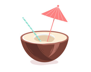 Tropical cocktail in coconut with straw and umbrella vector Illustration on a white background
