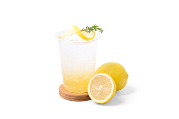 Lemon soda with lemon fruit isolated on white background. coffee shop cafe menu concept.