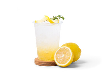 Lemon soda with lemon fruit isolated on white background. coffee shop cafe menu concept.