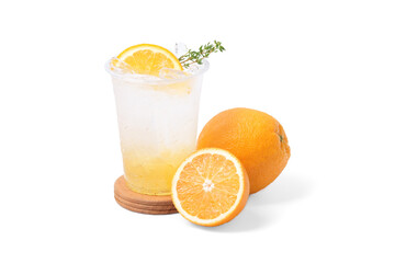 orange soda with orange fruit isolated on white background. coffee shop cafe menu concept.