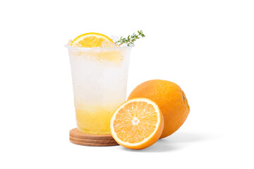 orange soda with orange fruit isolated on white background. coffee shop cafe menu concept.