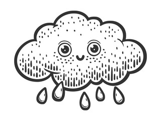 cartoon funny cloud with rain sketch engraving vector illustration. Scratch board imitation. Black and white hand drawn image.