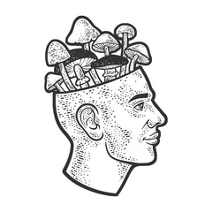 mushrooms drug psychedelic from the head sketch engraving vector illustration. Scratch board imitation. Black and white hand drawn image.