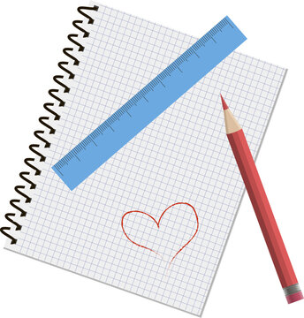 Blank vector copybook with red pencil, ruler and hand-drawn red heart, isolated on white background