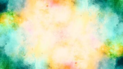 watercolor background painting with cloudy distressed texture. soft yellow beige lighting and gradient blue green colors. colorful background with watercolor stains and for design and decoration.