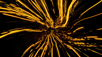 Abstract golden fluctuating sun rays around one spot in the middle. Design. Yellow narrow spreading lines on a black background.