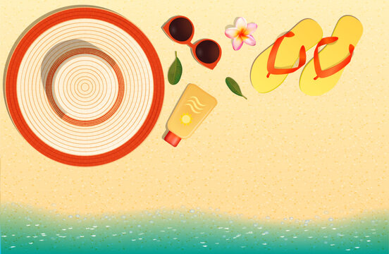Hello Summer holidays banners design. With boat, life buoy, surfboard, glasses, flip flop, hat,flower, starfish, coconut fruit amd ball at the beach. Invitation to templates, banners, postcard, label.