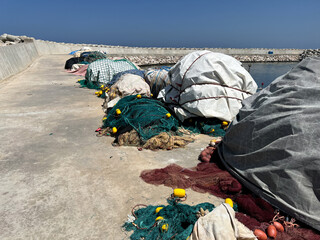 Closeup of fishing nets on a port