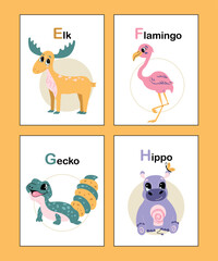 Cute animal alphabet from E to H. Educational vector illustration in bright colors. Elk, Flamingo, Gecko, Hippo. Colorful hand drawn cartoon animal alphabet cards isolated on yellow background. 