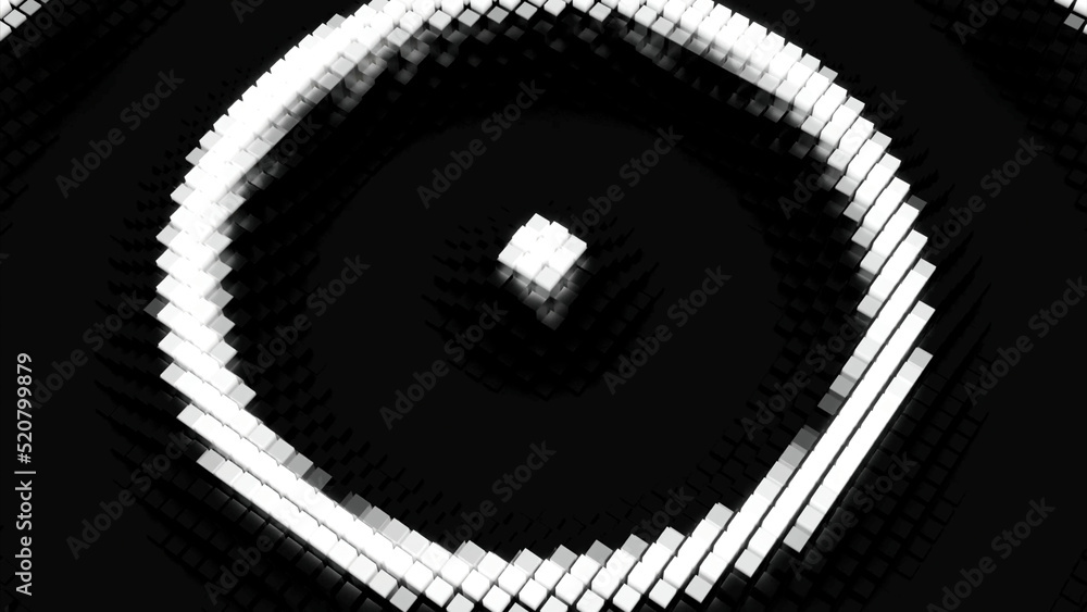 Poster concept of searching. design. monochrome pixelated pattern with spreading narrow white rings on a bl