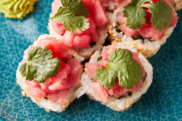 Japanese sushi rolls with tuna.