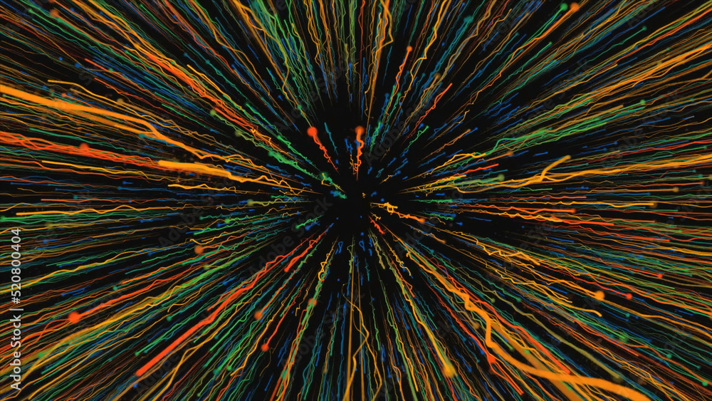 Poster Cosmic stream of colorful lines on black background. Motion. Lot of colorful lines are moving in stream. Dive into hyper jump with colorful lines