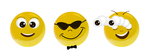Realistic, yellow, glossy smiley icons. Different emotions. Vector illustration.
