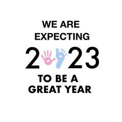 Baby announcement greeting card. 2023 expecting a baby. Baby foot prints and hand prints