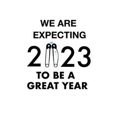 Baby announcement greeting card. 2023 expecting a baby. Clothes safety pin. Baby shower greeting card greeting card. Baby first birthday, t-shirt, baby shower, baby gender reveal party design element 