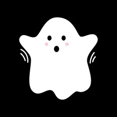 Vector with cute screaming ghost. Flying spirit in flat design. White phantom on black background. Doodle ghost. Halloween.