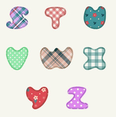 Patchwork hand drawn textile font. Cute textile font for scrapbook or collage design. Patchwork alphabet letters for your decoration with original patterns.