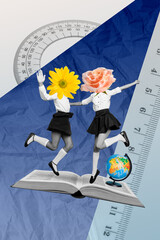 Vertical collage image of two small girls black white gamma flowers instead head big opened book...