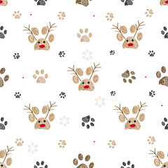 Made of paw prints and deer. Happy new year and Merry Christmas seamless fabric pattern - 520800860