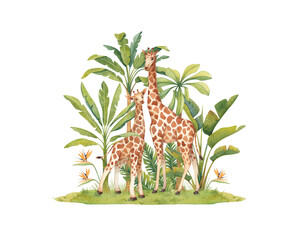 Composition of safari wildlife. Illustration with a giraffe and his baby in the jungle. Watercolor animals and jungle flora on a white background.