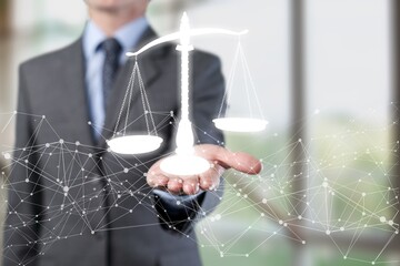 Justice and law concept. Legal advice. Hand hold  digital hologram