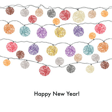 ew Christmas colorful light bulb made of yarn string light. Happy new year and Merry Christmas vector illustration