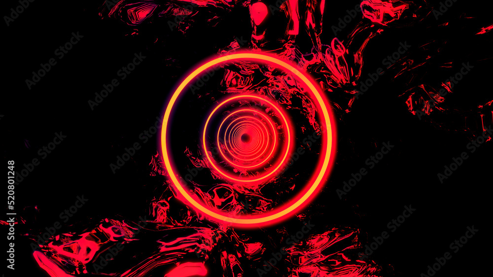 Poster black background. design. bright red circles in abstraction move forward next to the red paints and 