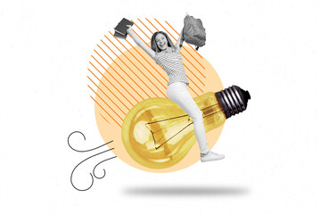 Collage picture of excited crazy small girl black white gamma sitting huge light bulb hold rucksack...