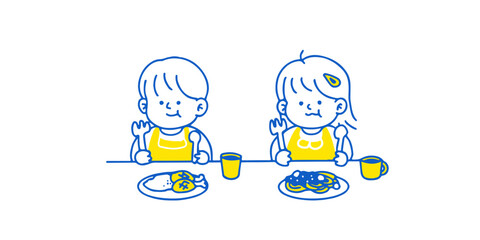 Cute Cartoon Happy Little Kid Eating.Vector illustration isolated on background.