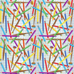 Fototapeta premium Back to School card with pencils and paint brushes, seamless pattern, vector illustration 