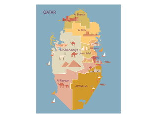 Map of Qatar,divided into eight baladiyat municipalities,Al Shamal, Al Khor & Al Thakhira, Al Daayen, Umm Salal, Al Rayyan.Map shows the location of famous architecture landscape for travel.