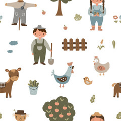 Farm seamless pattern. Vector illustration with garden, farmer girl and boy and pets on white background for your design © Ольга Агуреева