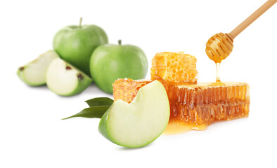 Natural sweet honey and tasty fresh apples on white background