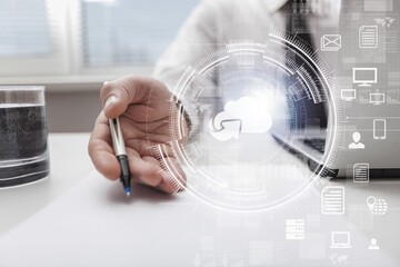 Businessman hand to synchronize host server to working on system for technology and business concept