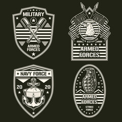 Fototapeta premium Military set monochrome sticker vintage