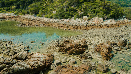 Aerial drone view of coastal scenery at Besar Island or Pulau Besar in Mersing, Johor, Malaysia