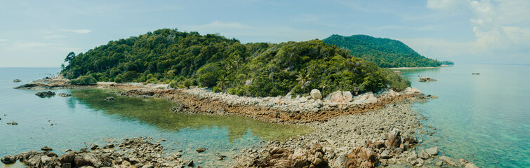 Aerial drone view of coastal scenery at Besar Island or Pulau Besar in Mersing, Johor, Malaysia