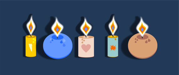 candles of different shapes and sizes. The candles are lit, the fire is realistic. Candles in flat style. Relaxation mood.
