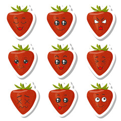 Set of stickers red strawberry with kawaii emotions. Flat vector illustration of a strawberry with emotions On a white background.